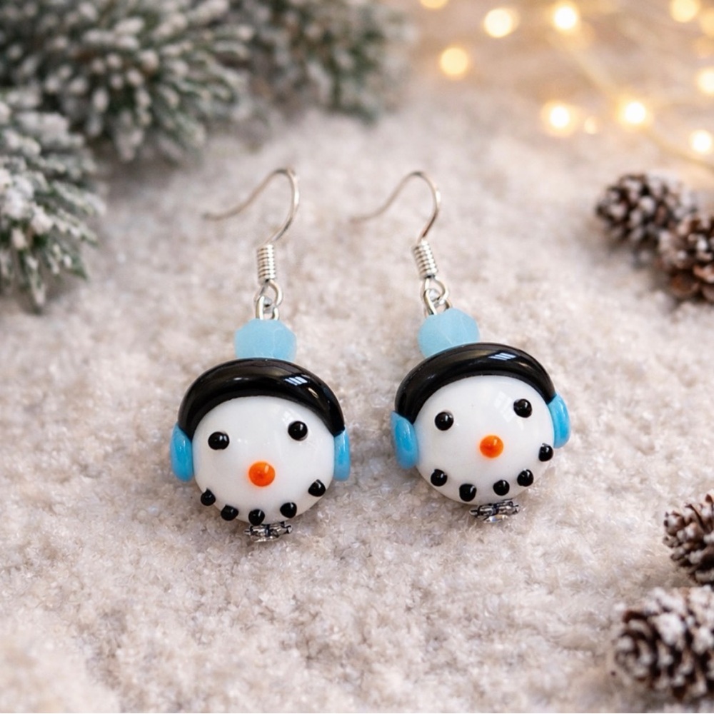 Handcrafted Artisan Glass Snowman Earrings Winter Holiday Cute Dangle Lamp-work